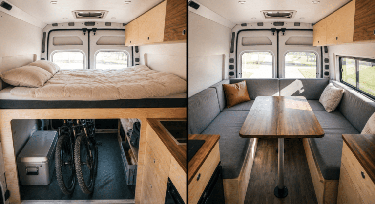 A split image showing two van conversion layouts: a fixed rear bed with garage storage for bikes on the left, and a convertible U-shaped seating area with a dining table on the right.