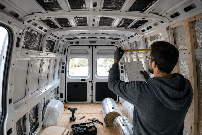 A van conversion builder standing inside an empty, stripped-out white van, using a tape measure on the bare metal walls while holding a notebook with layout sketches.